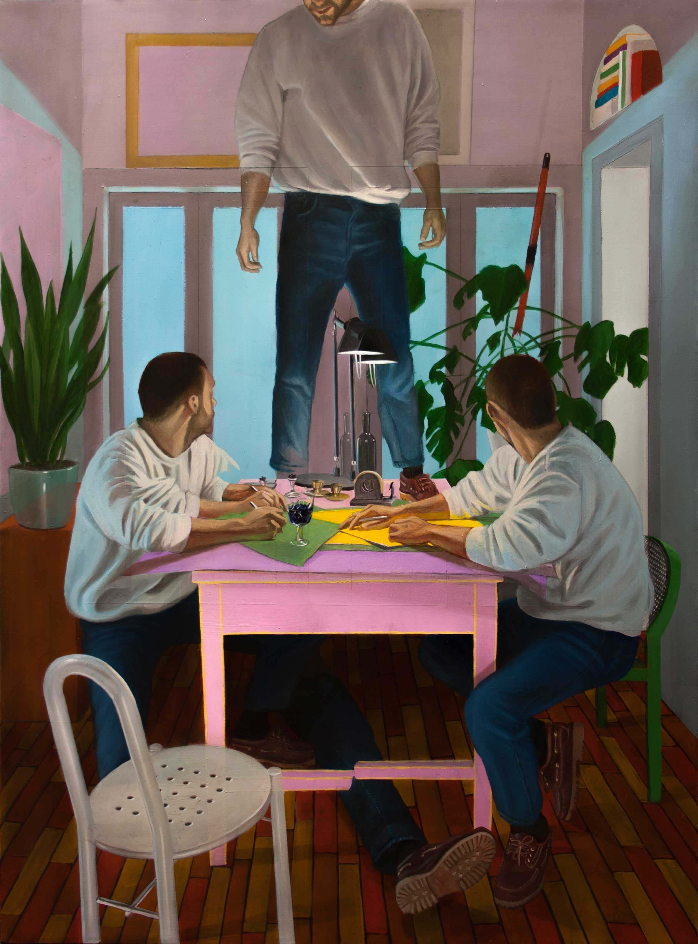 Pintura sobre lienzo de chicos en habitación 