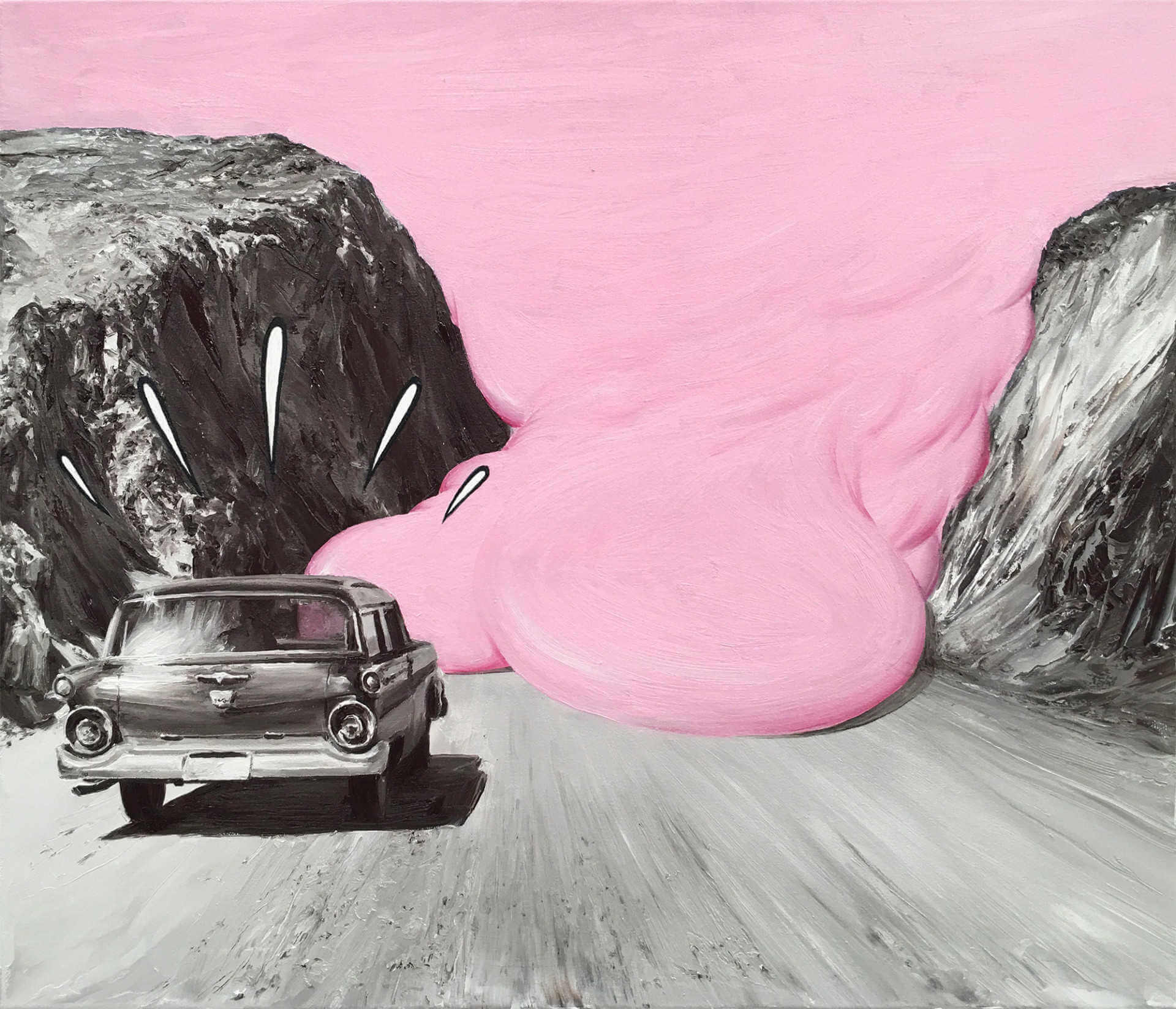 Pintura al oleo de paco pomet de un coche hacia la nieve