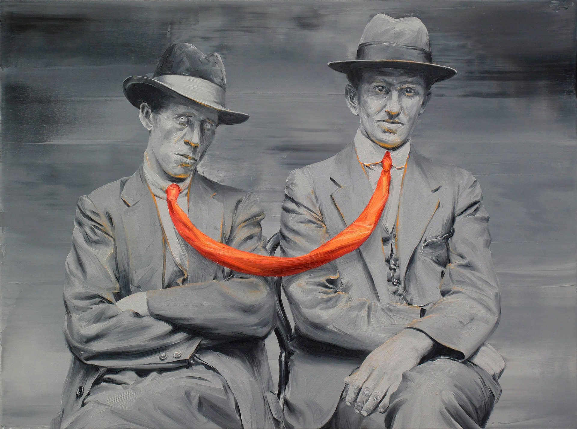 Retrato surrealista de Paco Pomet de hombres sentados unidos por una corbata