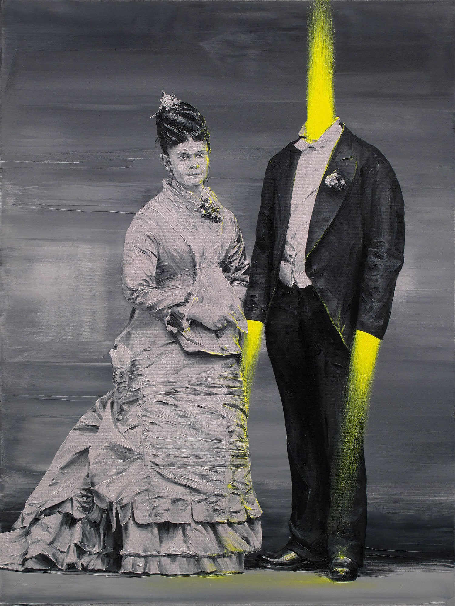 Pintura al oleo surrealista de paco pomet de matrimonio y hombre explotado