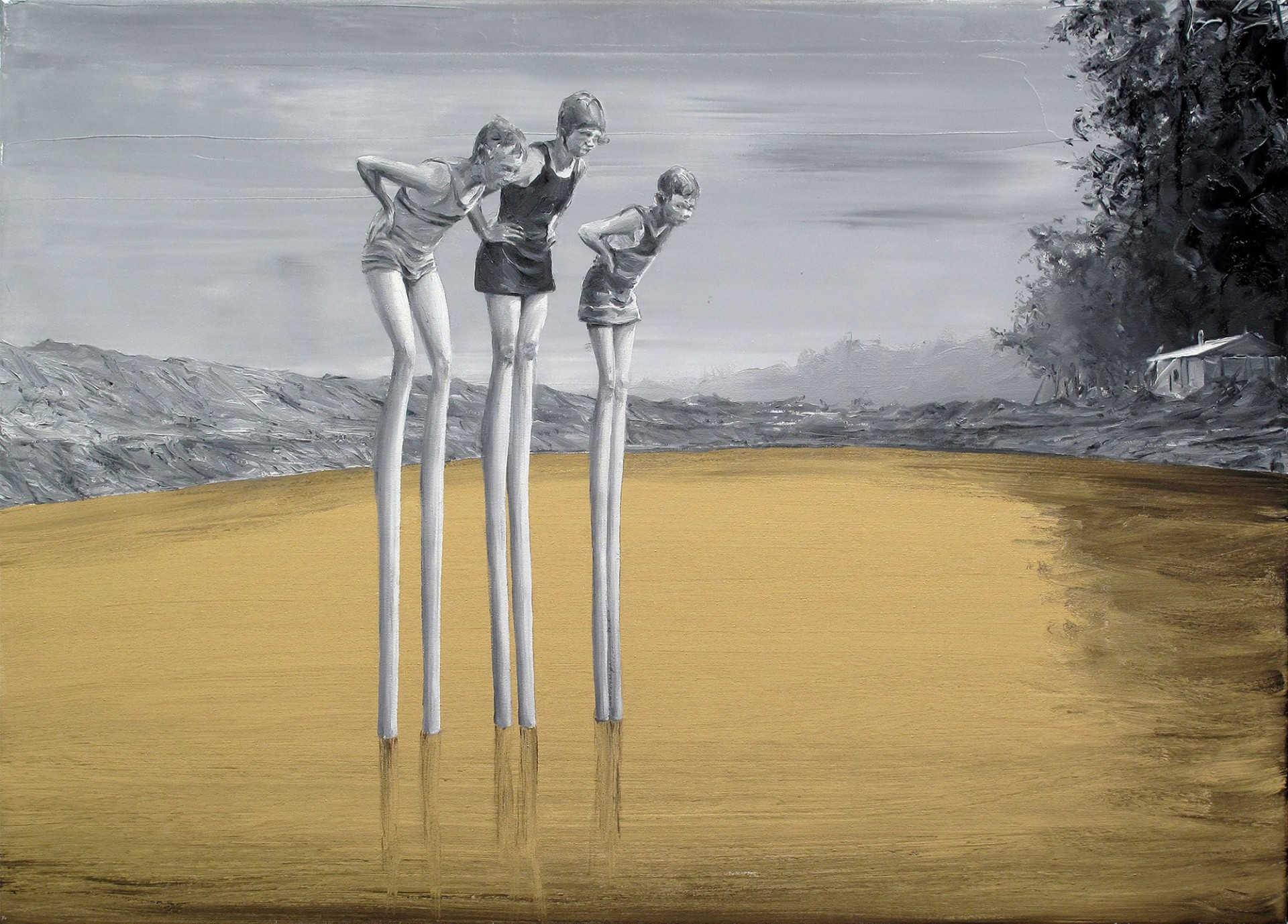 Pintura surrealista de paco pomet de niño en un lago como su fueran flamencos