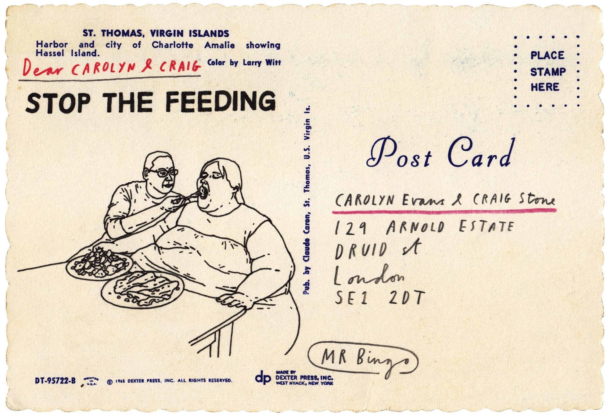 Stop feeding, un insulto en una postal de mr. bingo
