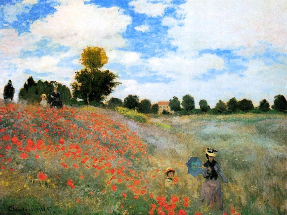 paisaje impresionista con mujeres y flores rojas de Monet