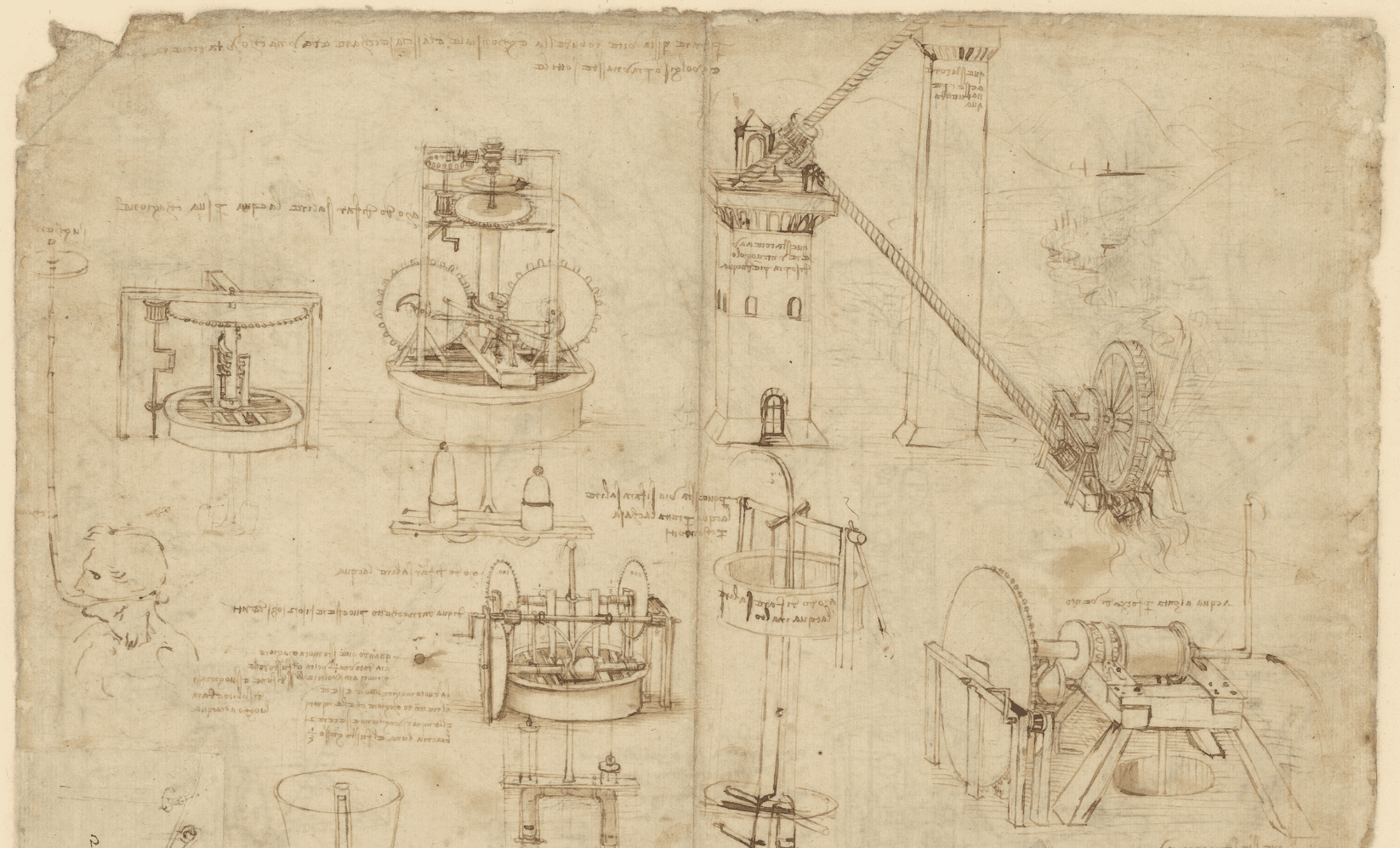 mecanismos de trabajo dibujados en el codice atlantico de leonardo da vinci