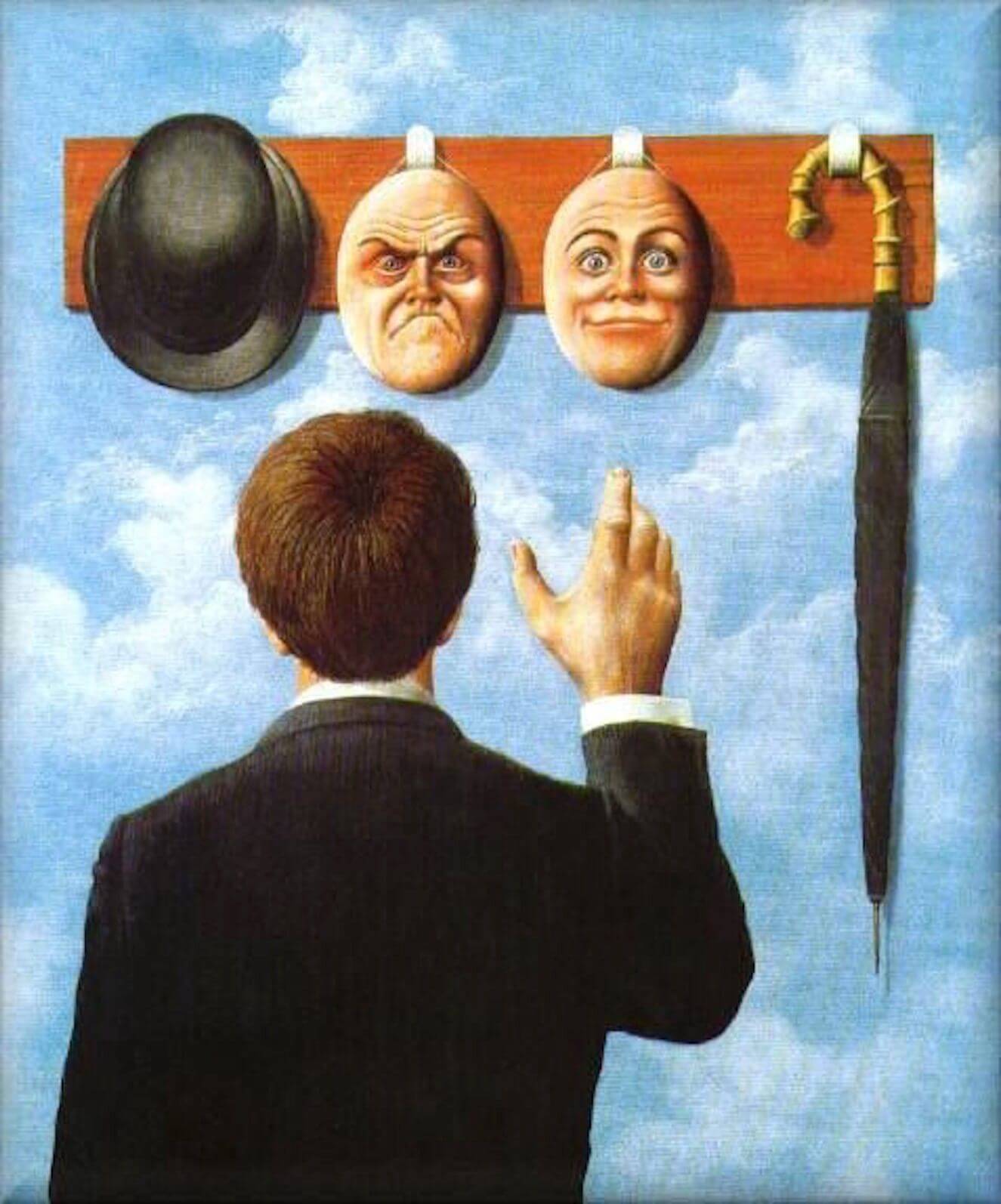 Magritte y su obra surrealista se hombre en perchero con caras