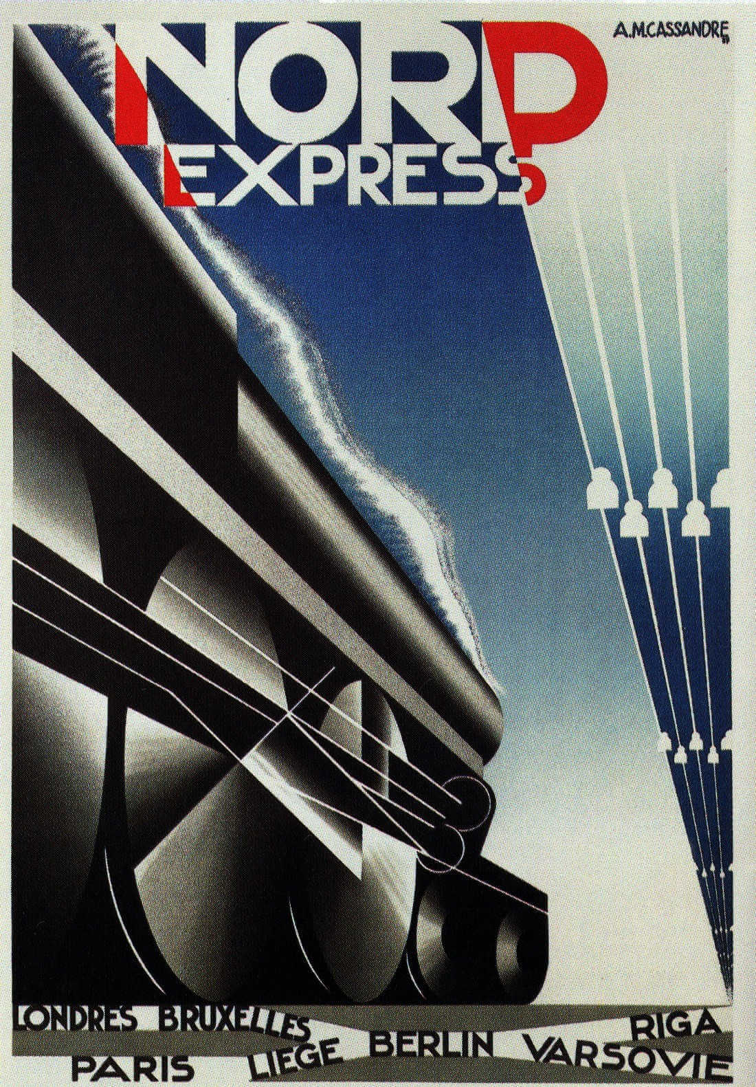 Cartel cubista de Nord Express, tren con destinos en ciudades europeas de AM cassandre