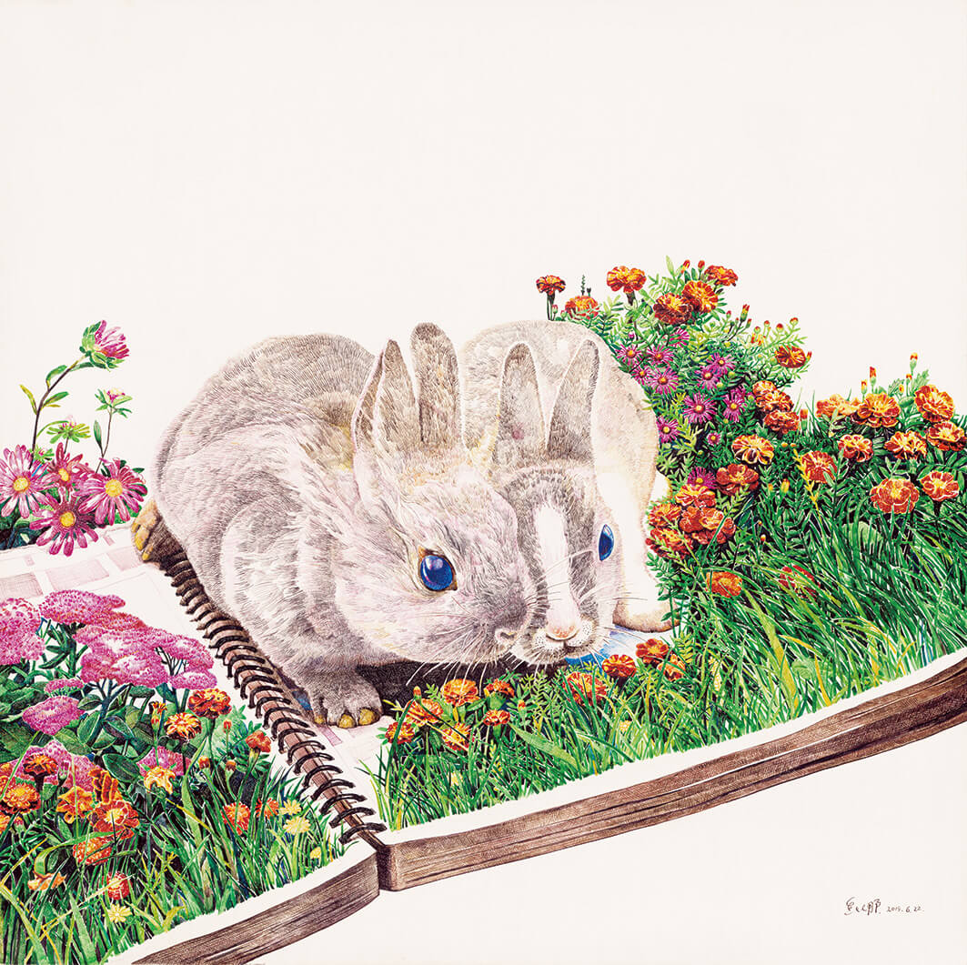 conejos en pasto con flores zhao na