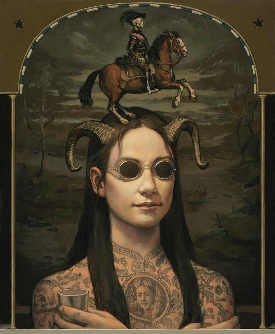 pintura al oleo de hombre tatuado con cuernos