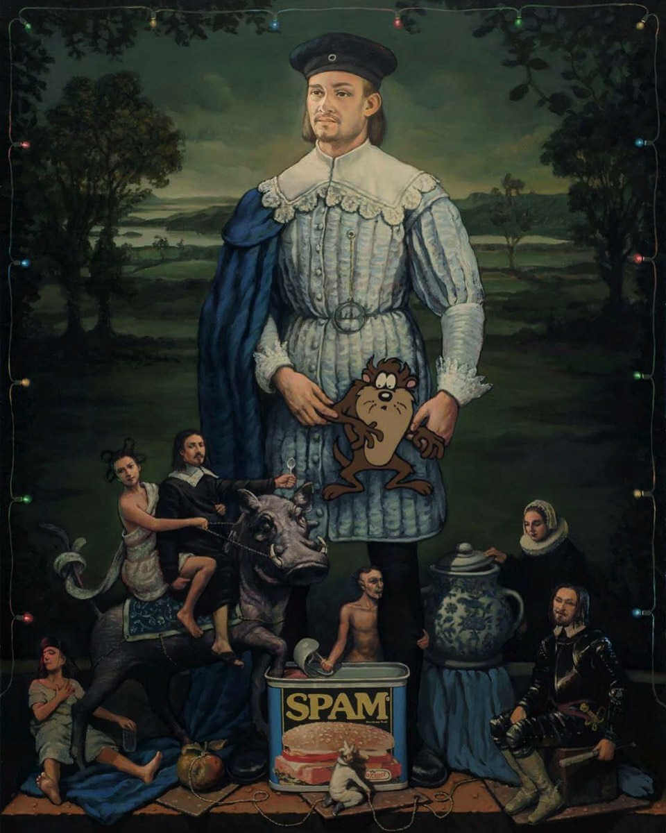 pintura al oleo de principe con diablo de tasmania