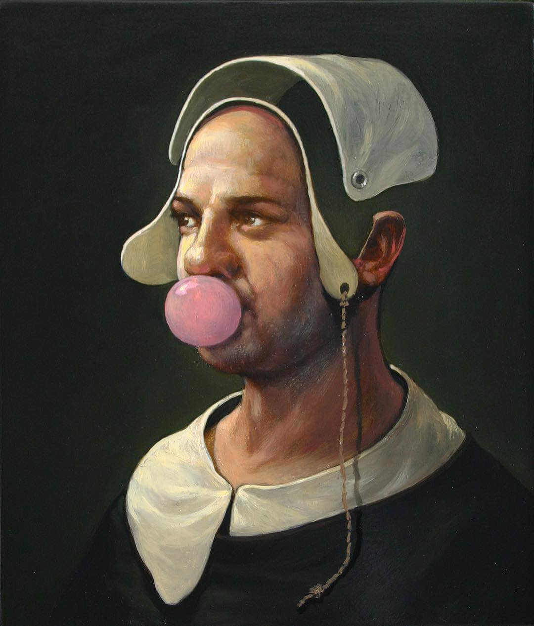pintura al oleo de Alan MacDonald mujer con chicle
