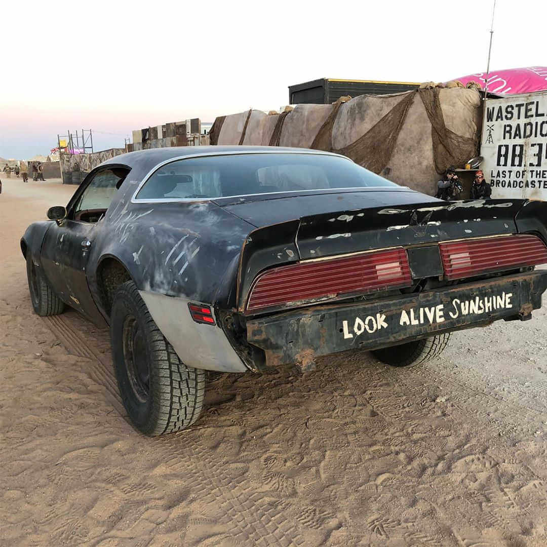 coche con la inscripción look alive sunshine en el festival wasteland weekend