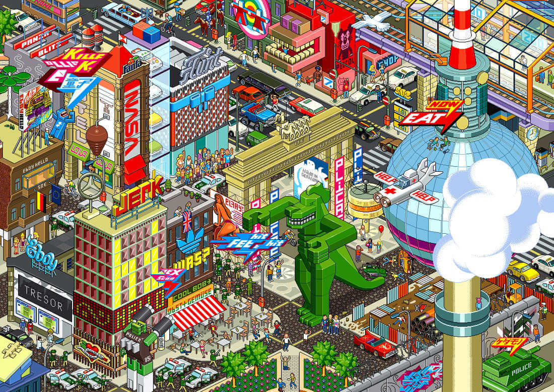 Ilustración de una ciudad en perspectiva isometrica en pixel art