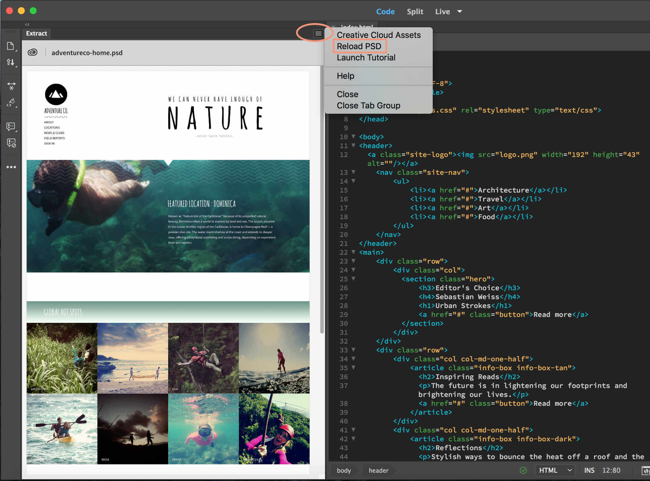 Interface de Adobe Dreamweaver