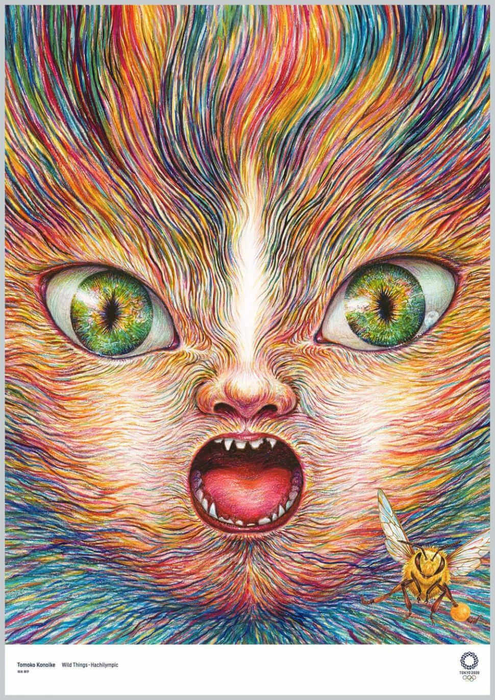 Cartel para los juegos olimpicos de tokio con la cara de un gato de colores hecho por Tomoko Konoike