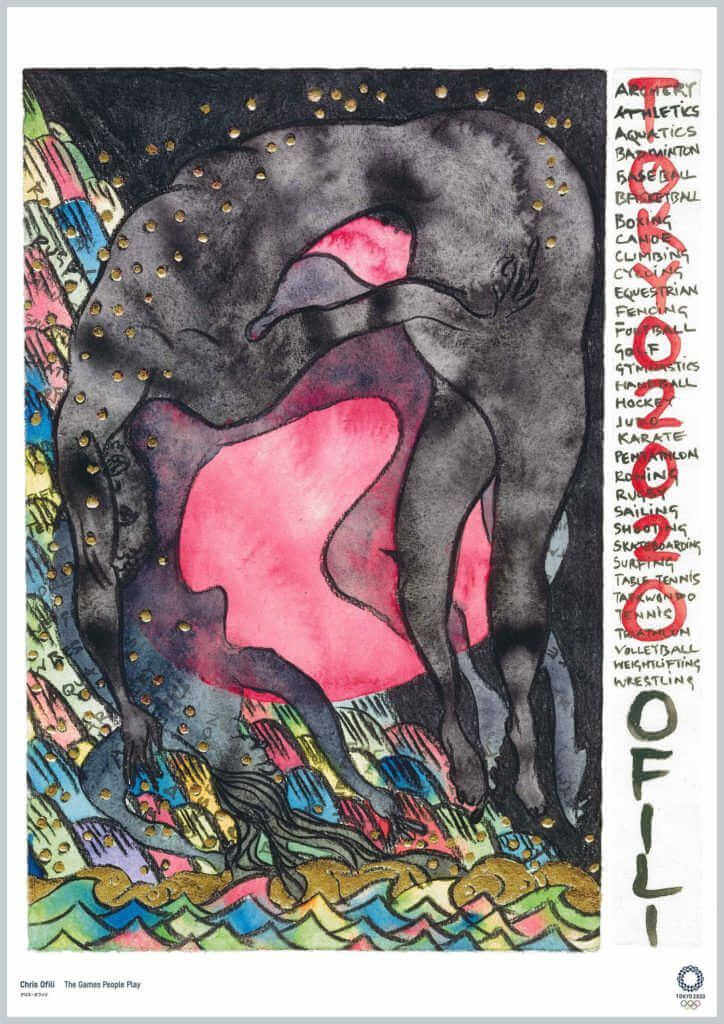Poster para los juegos olimpico de tokio heco por el artista Chris Ofili
