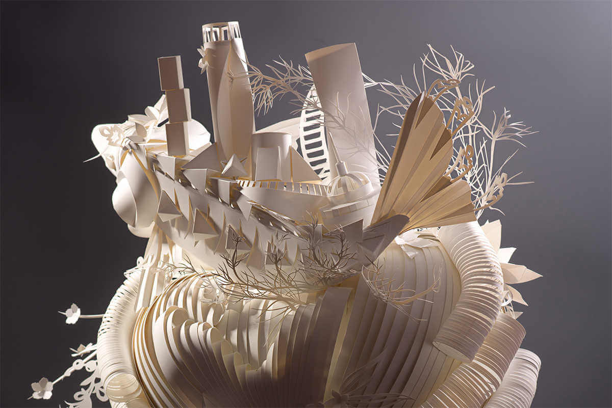 detalle de peluca escultura de papel