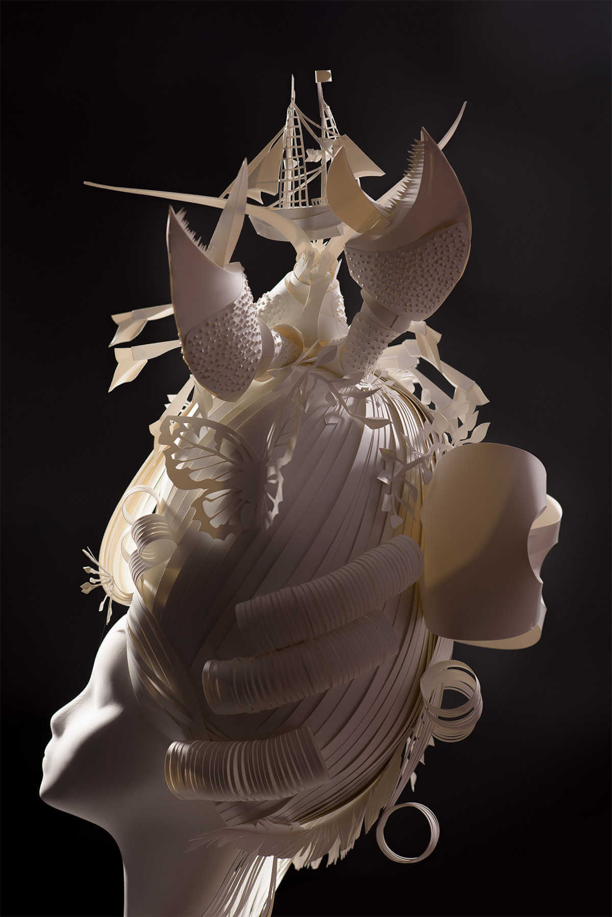 Peluca escultura de papel blanco con recortes detallados