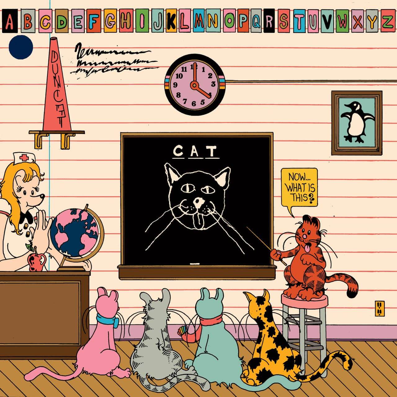 Dibujo de un gato dando clases a otros gatos