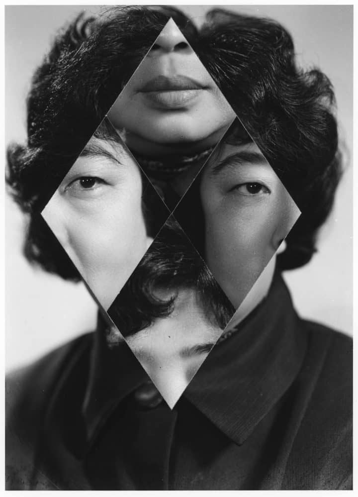 collage de hombre creando un rombo en su cara por kensuke koike