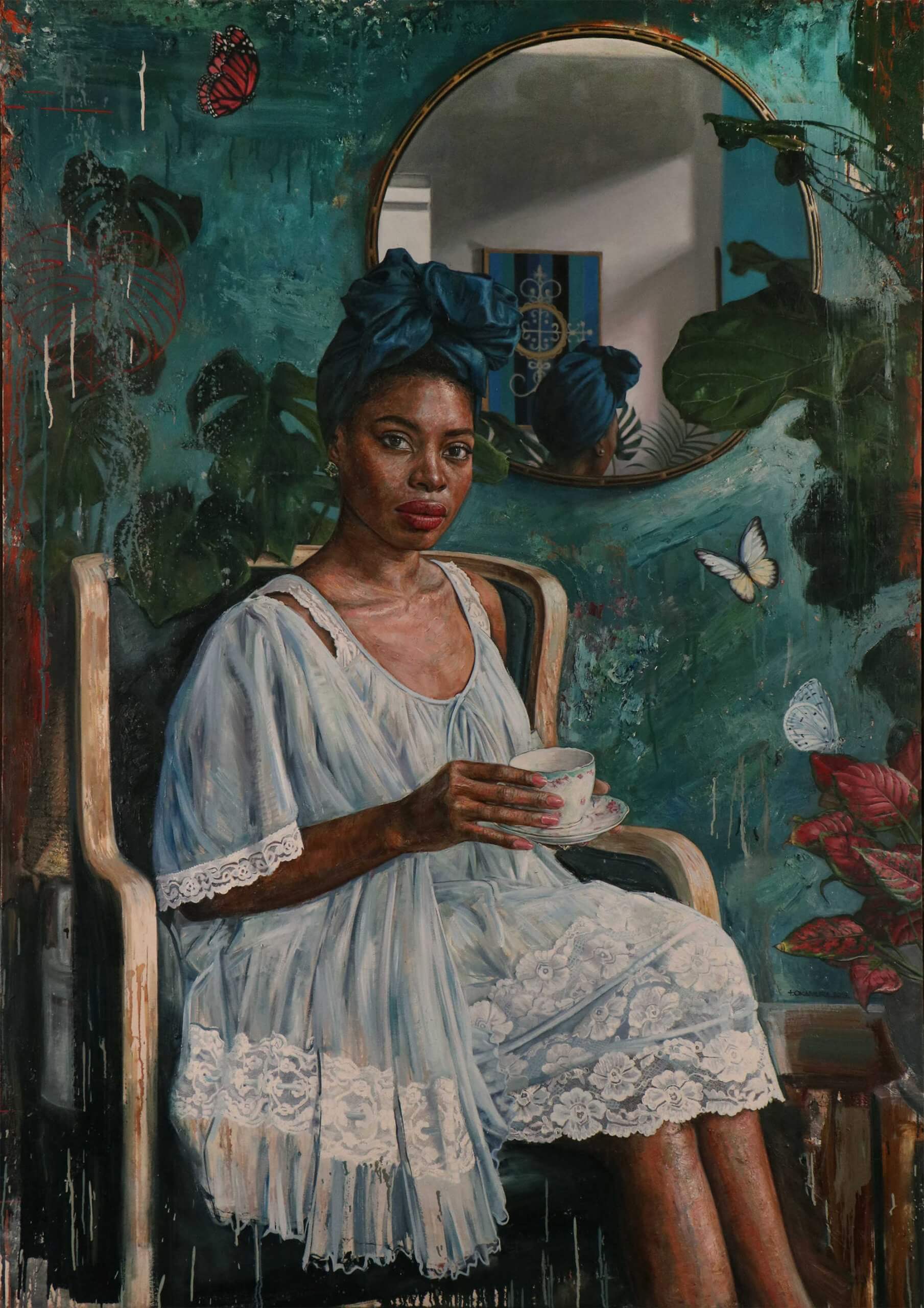 pintura de mujer de color tomando café por Tim okamura