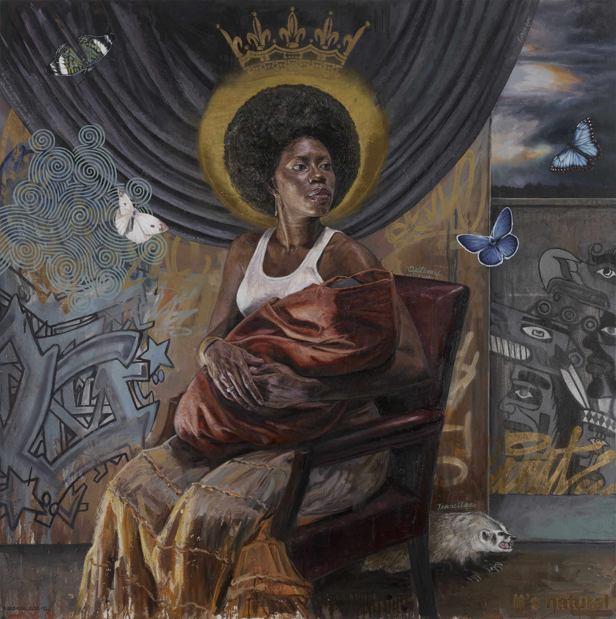 pintura de mujer de color con un bebe pintada por tim okamura