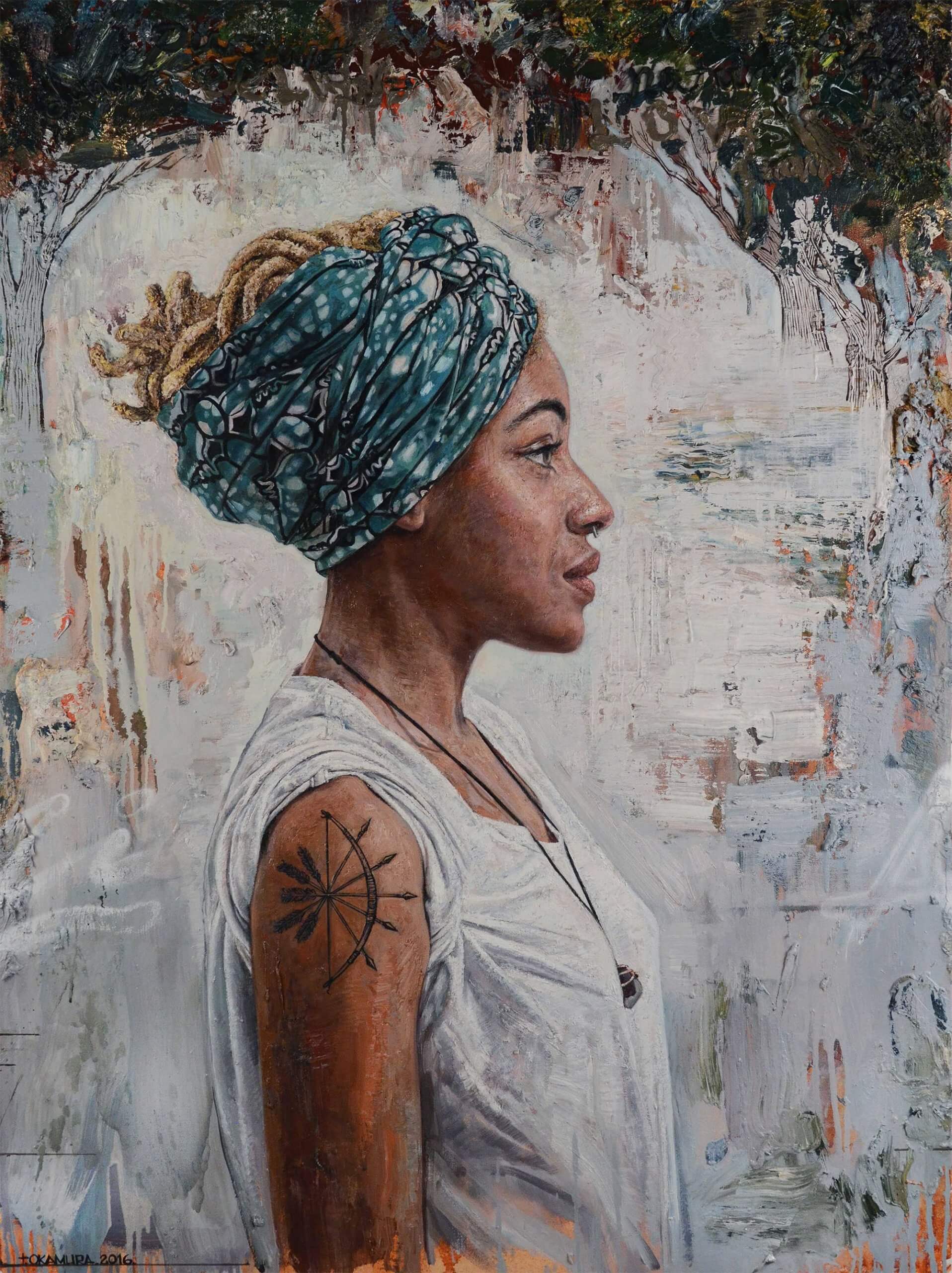 Retrato de mujer decolor con pañuelo en la cabeza