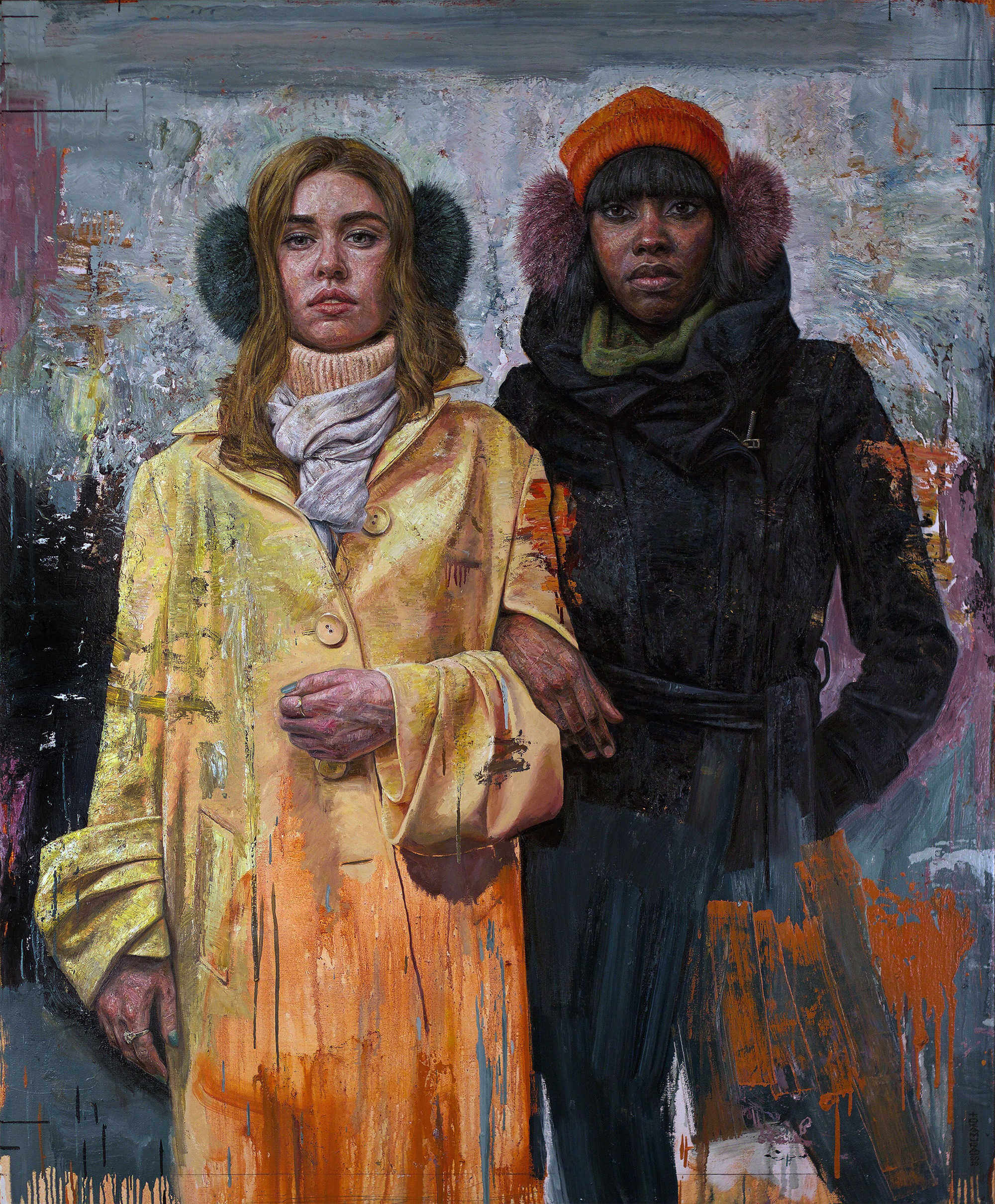 pintura de dos chicas con abrigo y orejeras hecha por tim okamura