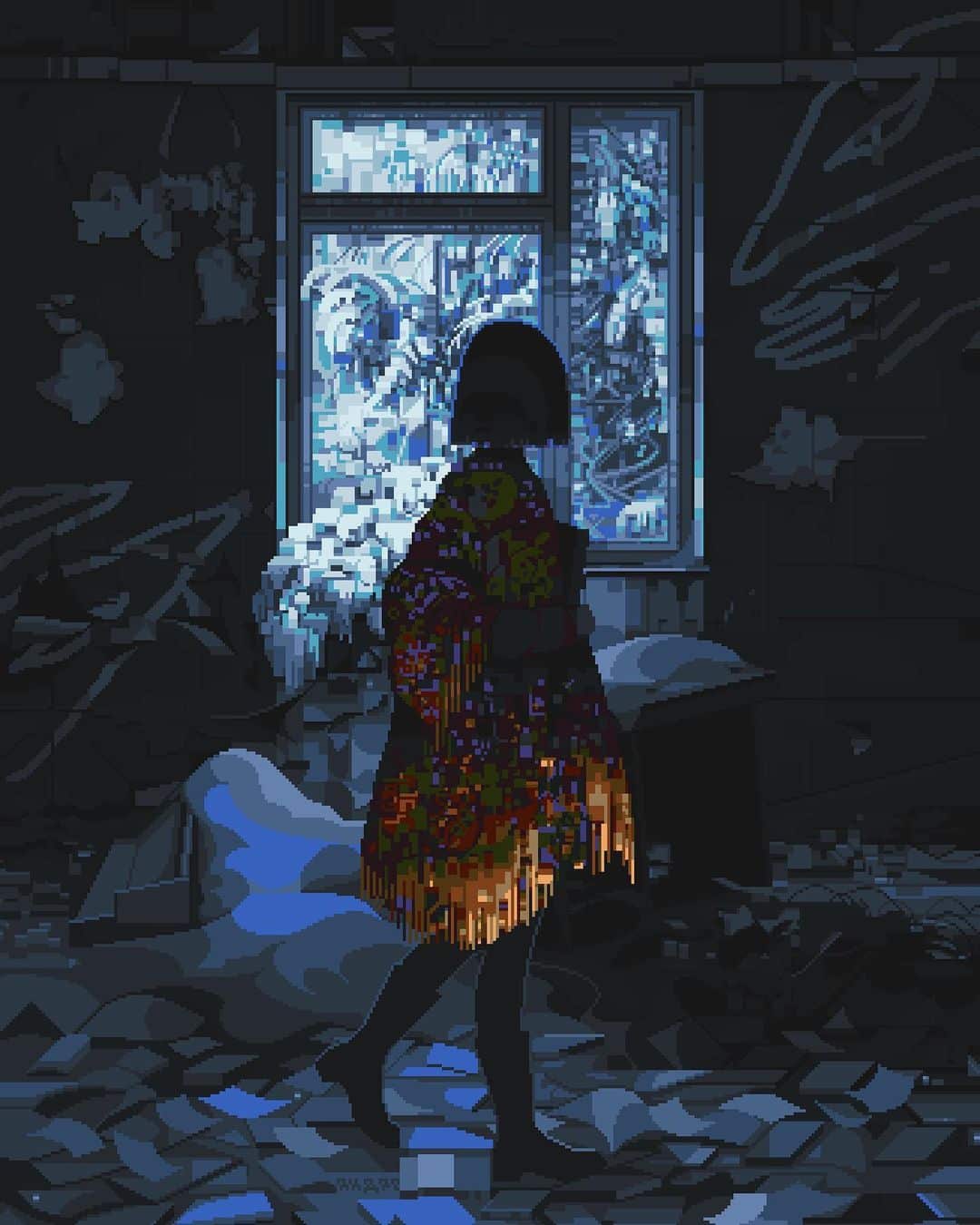 Dibujo PIXEL ART de chica en una ventana hecho por 6VCR