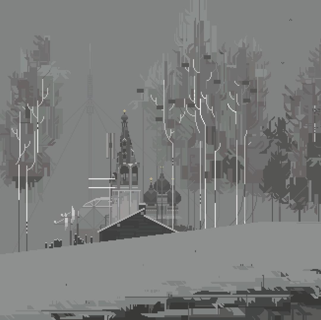 Dibujo pixel art de un puebl abandonado en rusia