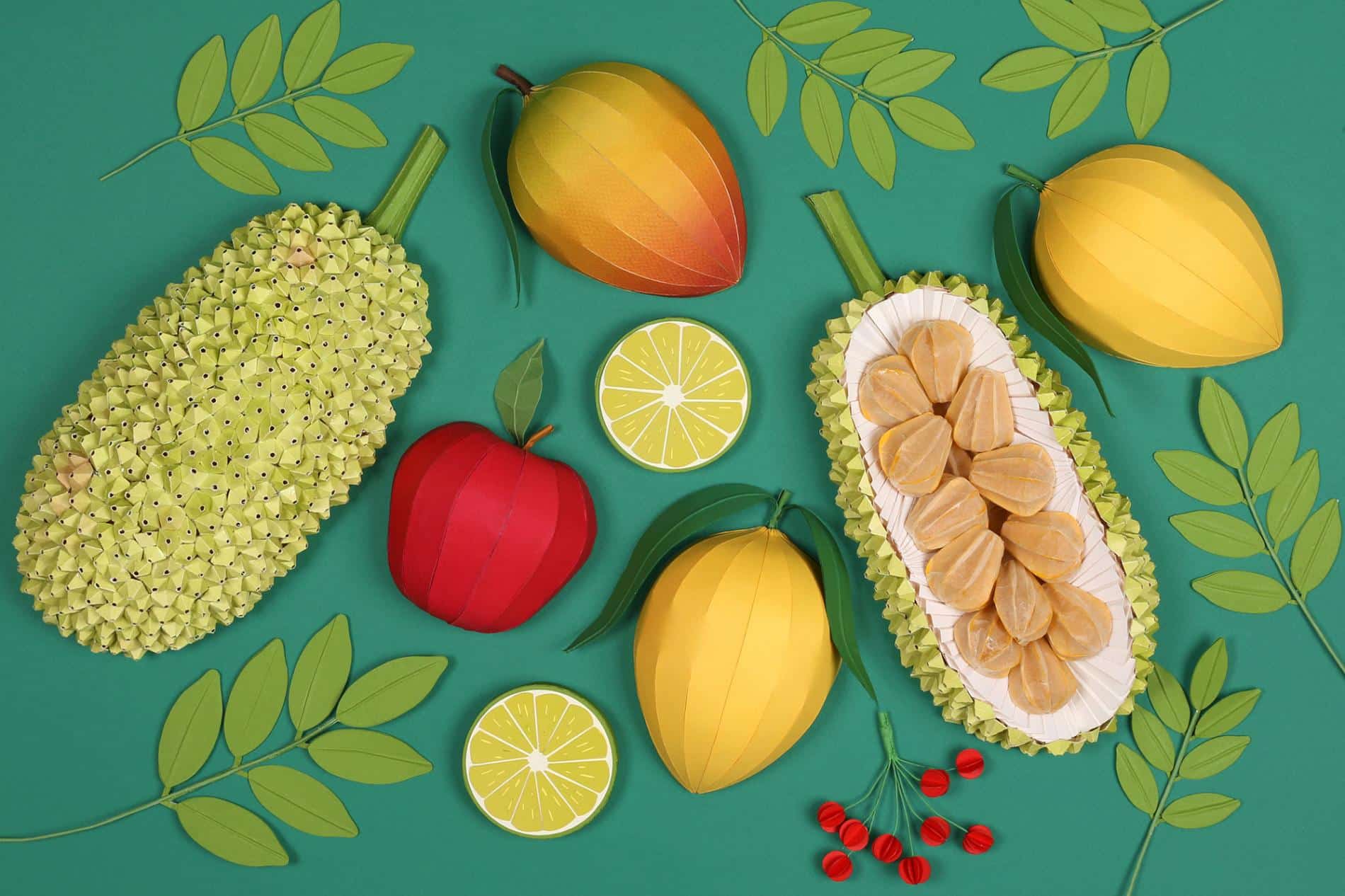 Diana beltran herrera escultura de papel frutas