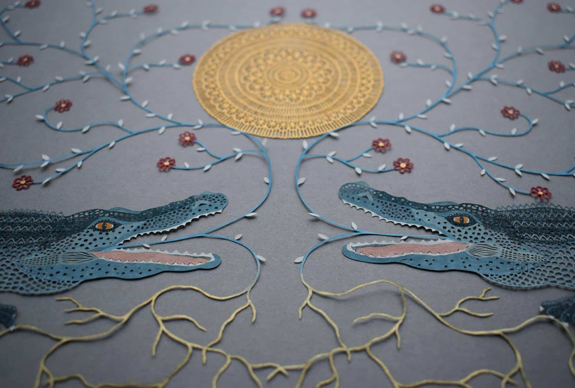 detalle de cocodrilos obra en papel cortado por pippa dyrlaga