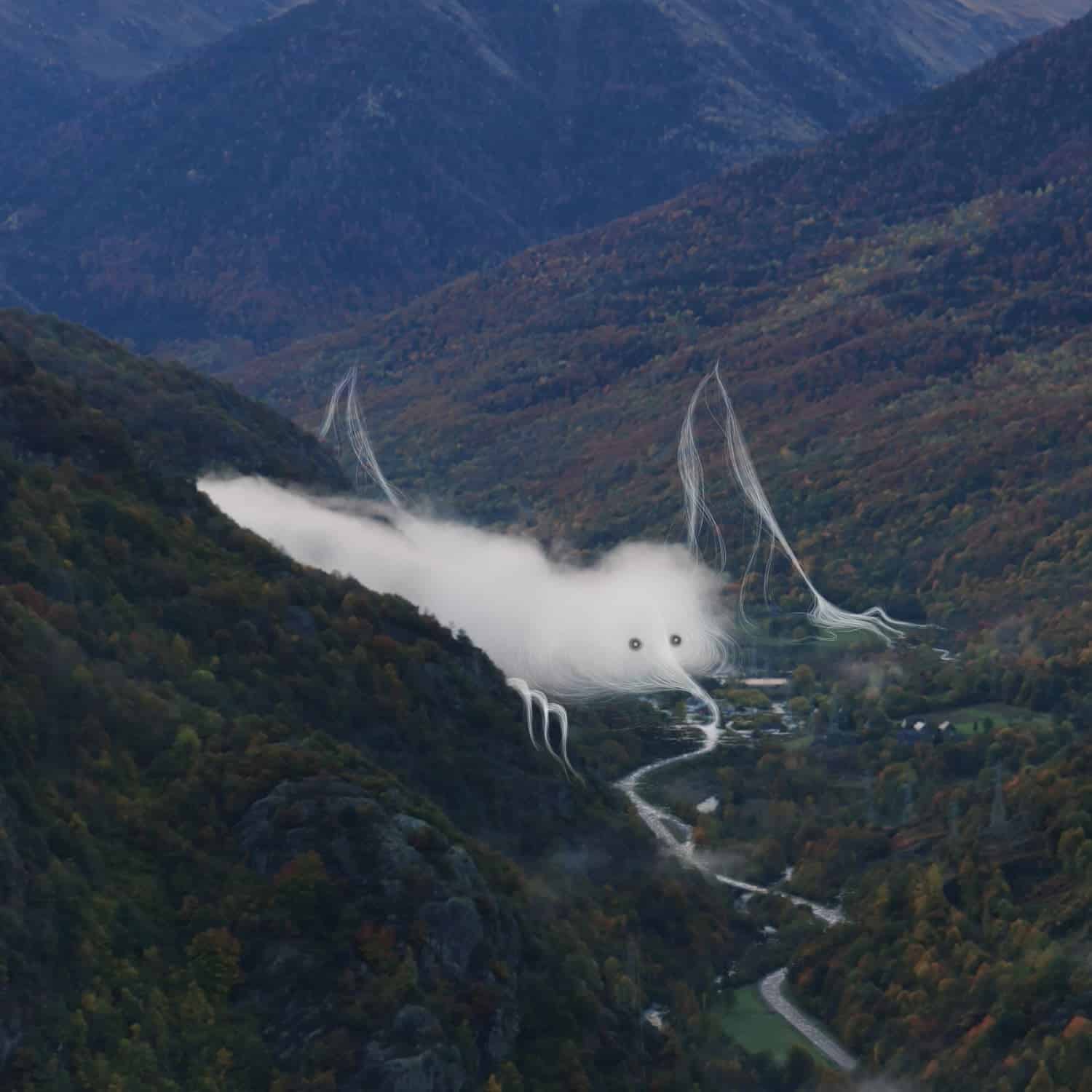 Dibujo sobre una fortografia de un fantasma andando por un rio