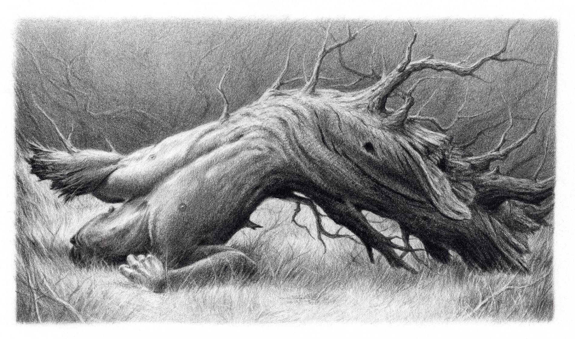 ilustracion en blanco y negro surreal cuerpo de hombre retrciendose