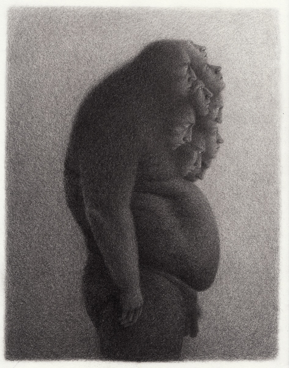 ilustracion en blanco y negro surreal de fugura humana oon mil caras