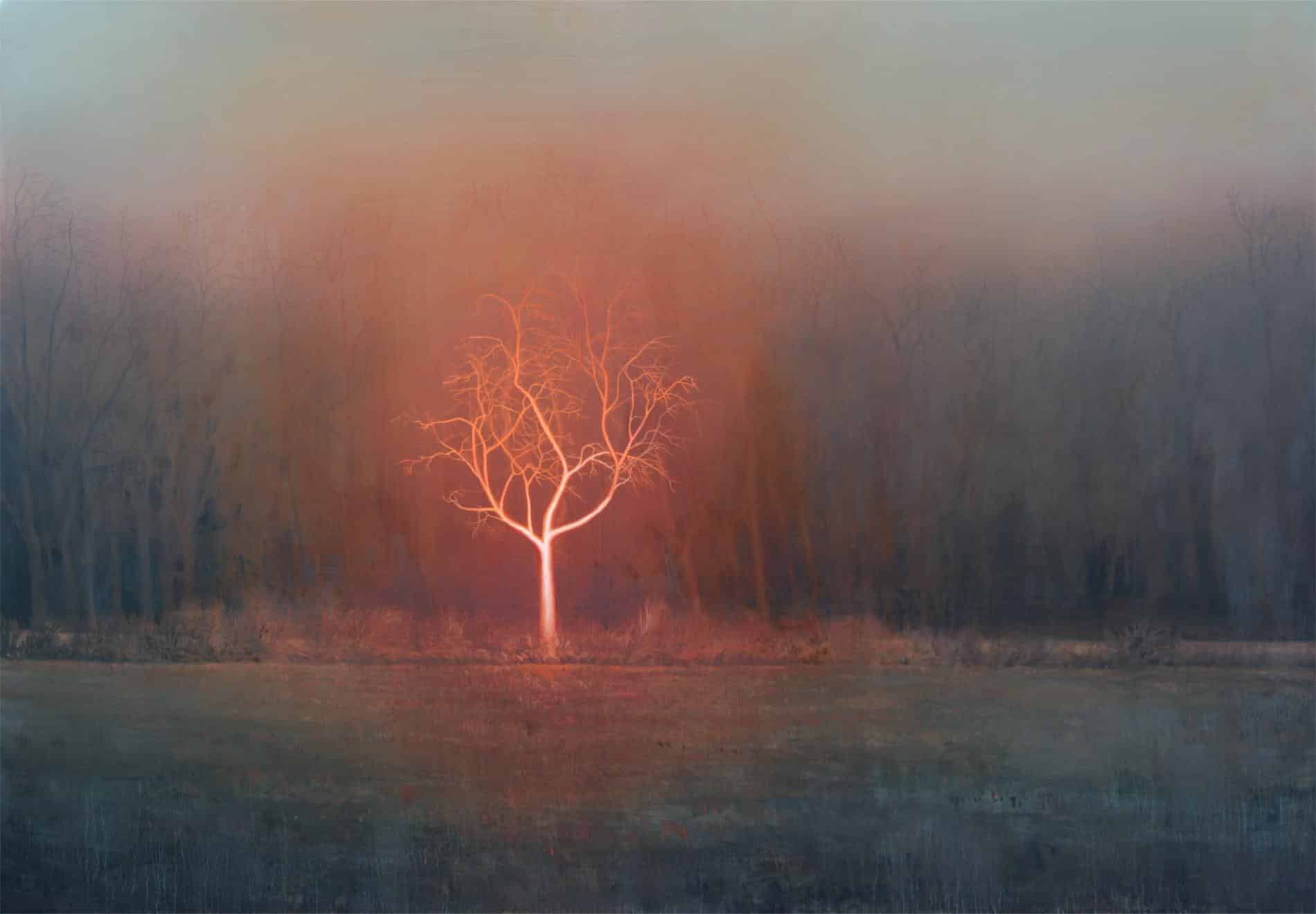 Pintura al oleo de un arbol en mitad del campo hecho por Andrew McIntosh
