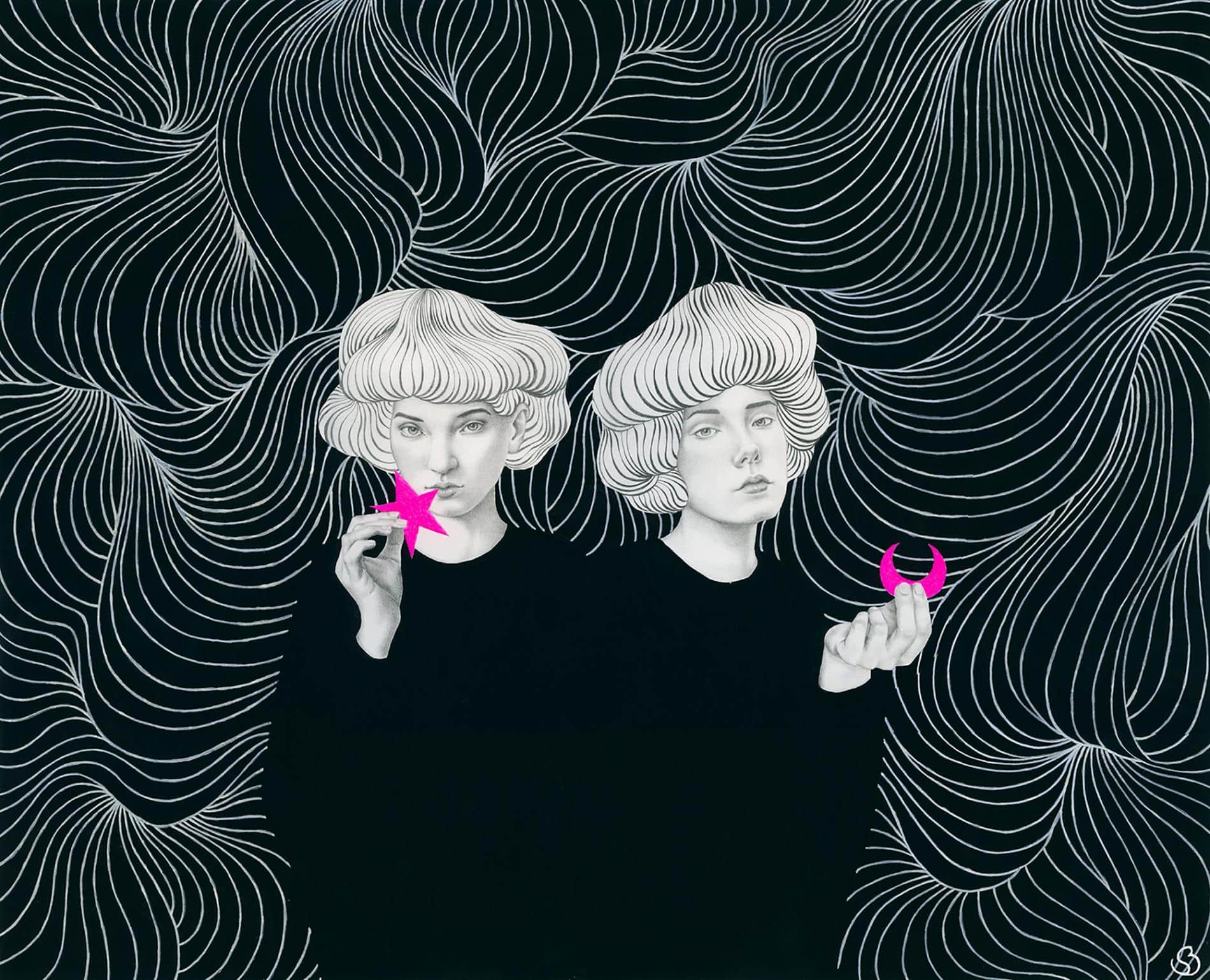 retrato de dos mujeres sobre fondo hipnotico con luna y estrella por sofia bonati