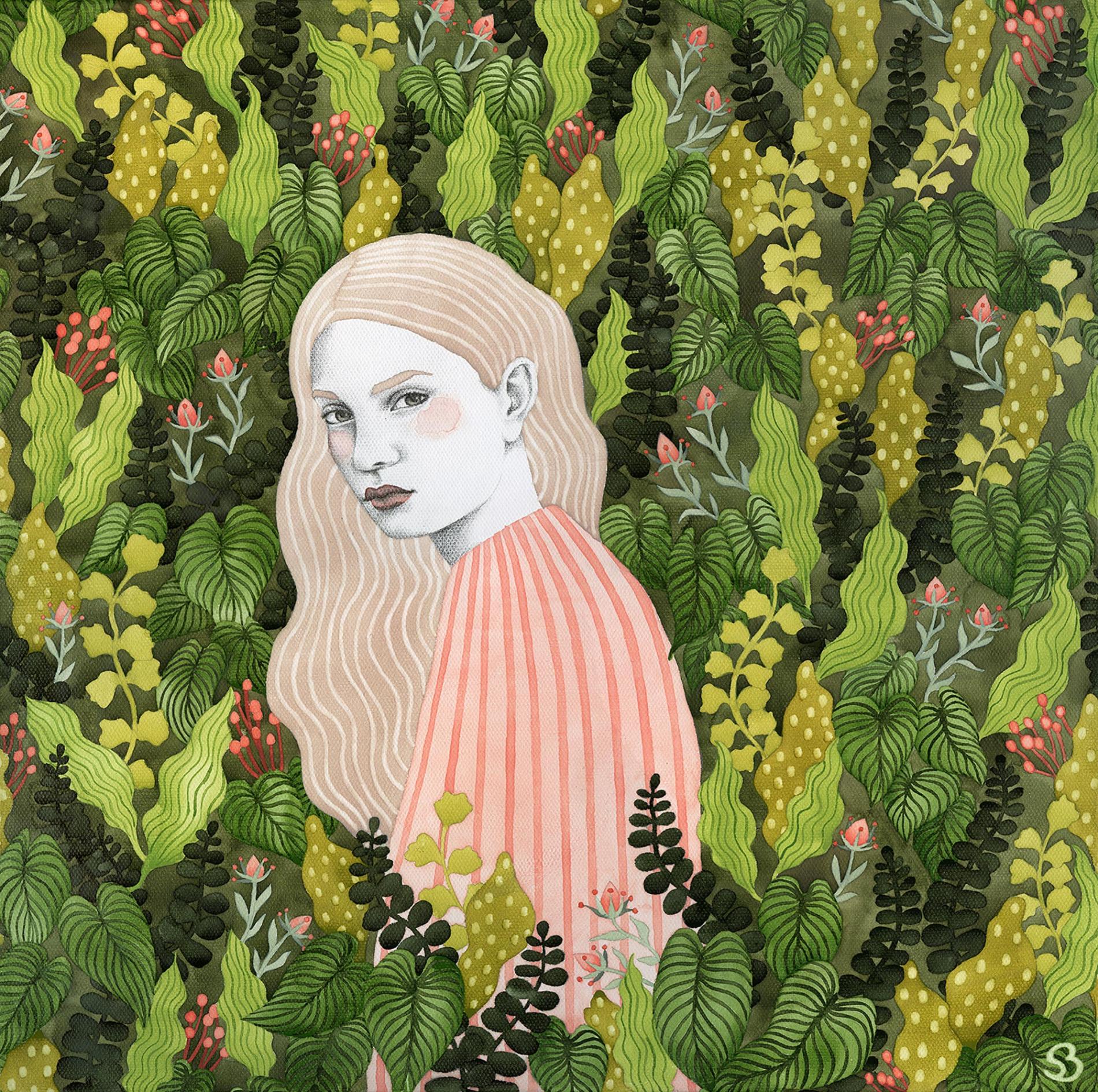 retrato de mujer sobre fondo de hojas verdes de sofia bonati