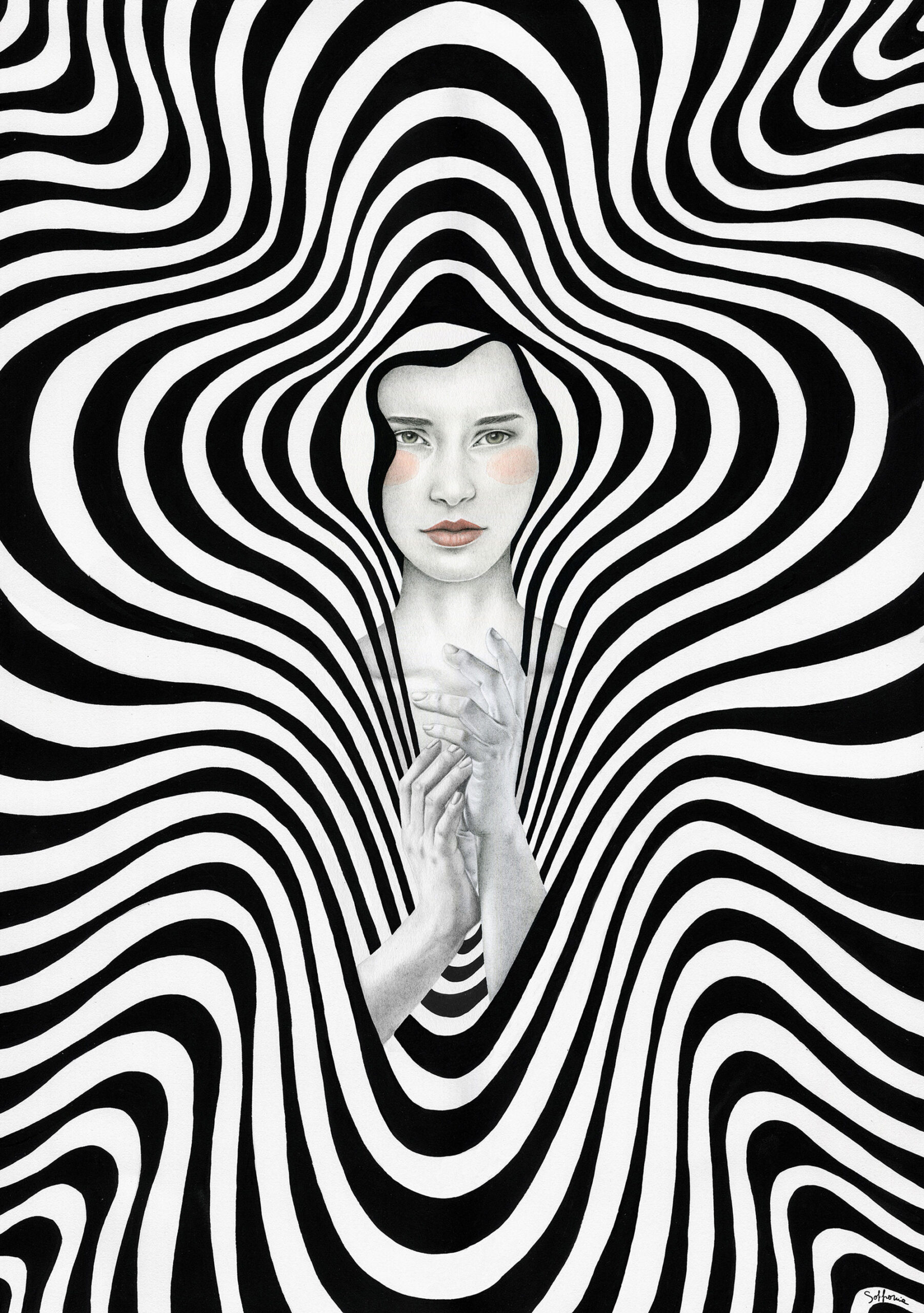 retratos de mujer sobre fondo de rayas negras y blancas de sofia bonati