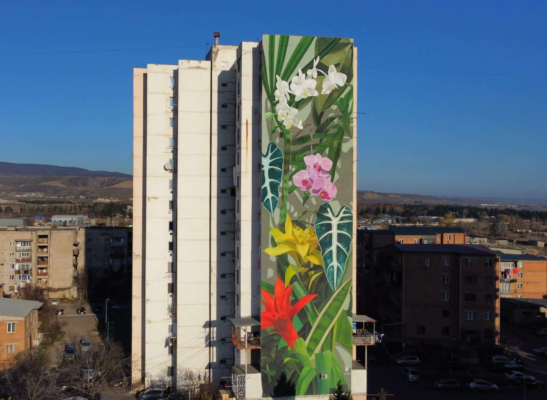 tbilisi mural fest, mural de flores en edificio por thiago mazza