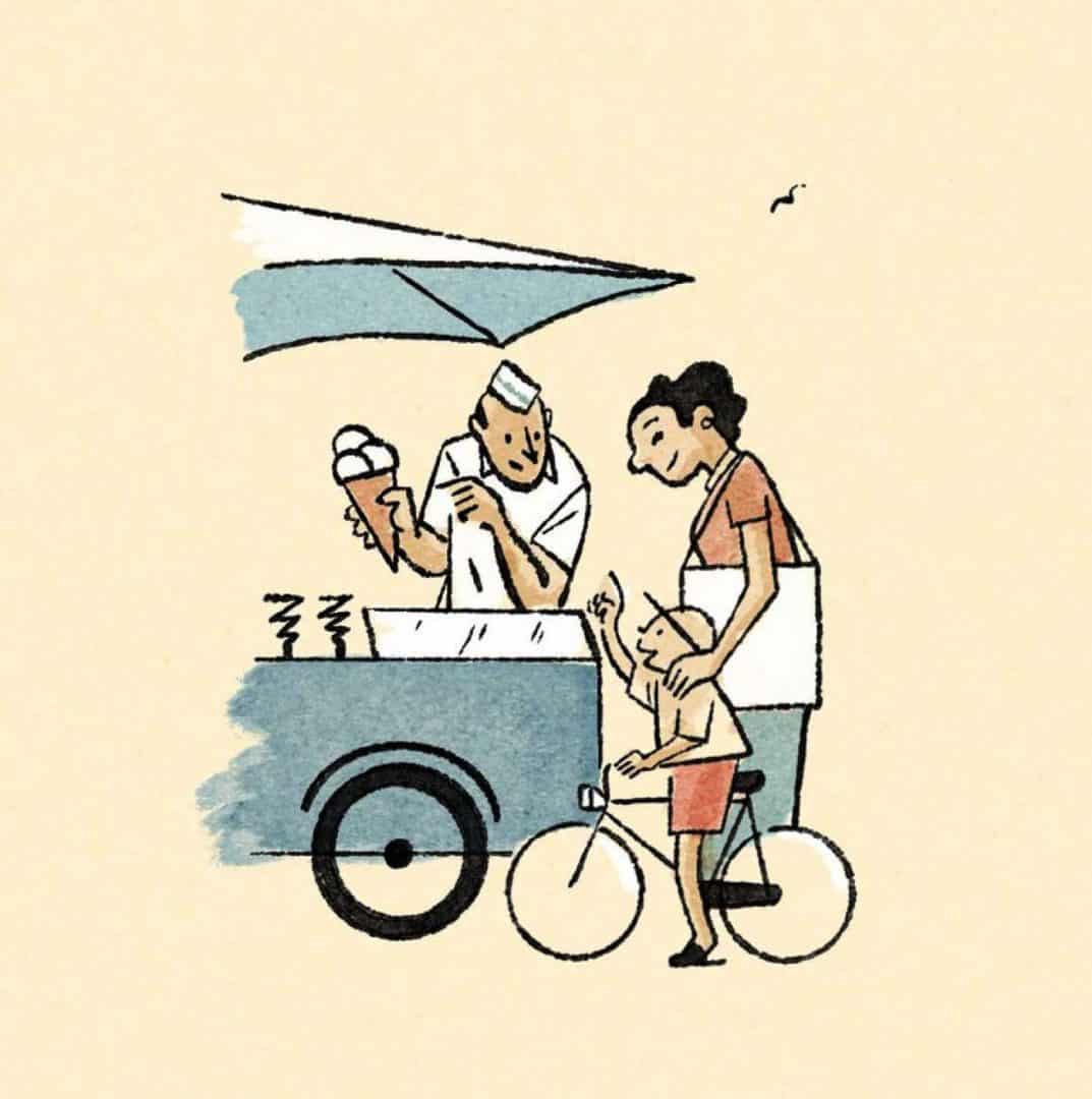 ilustracion luis mendo estilo infantil madre con hijo helado y globos
