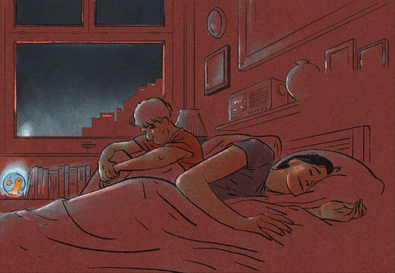 luis mendo ilustra pareja en la cama hombre despierto