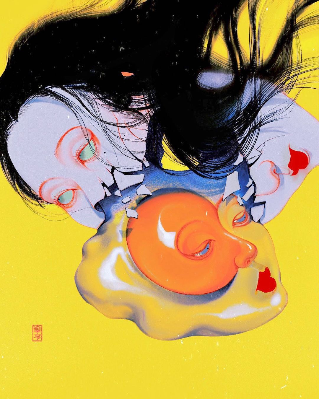 mujer huevo comida por otra mujer ilustracion de silllda