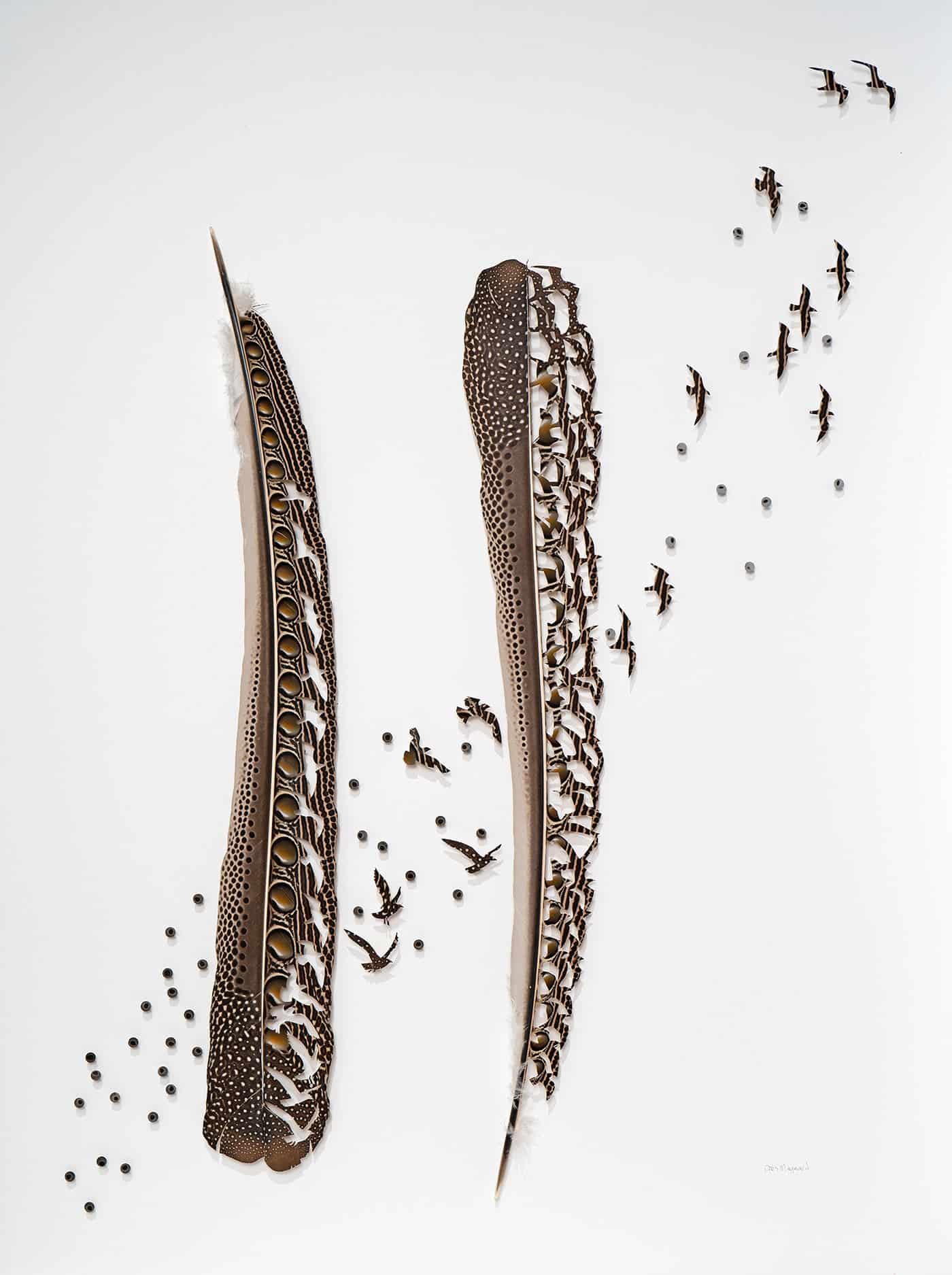 pequeñas plumas talñladas con silueta de pajaros volando por el artista Chris Maynard
