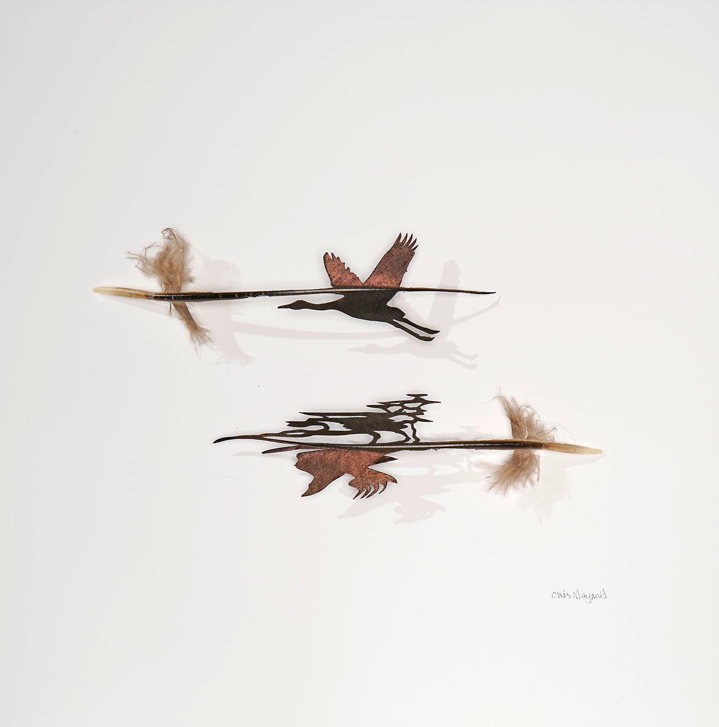 pequeños pasiajes tallados en plumas por el artista Chris Maynard