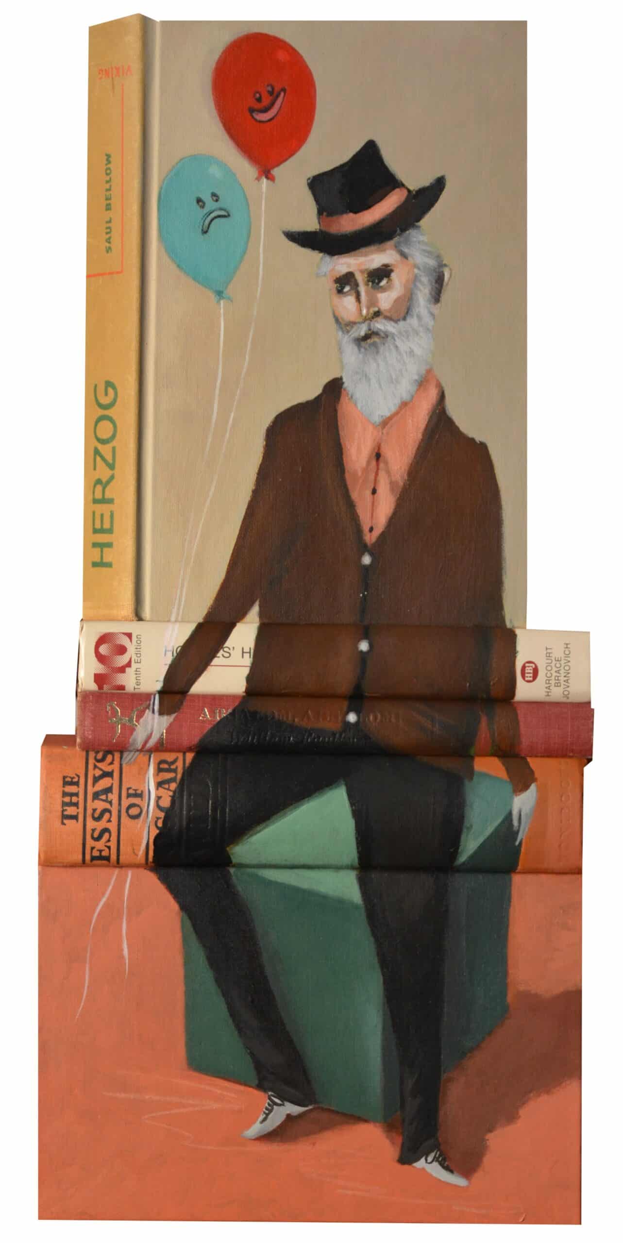 Mike Stilkey puntura y escultura con libros viejos hombre con globos herzog