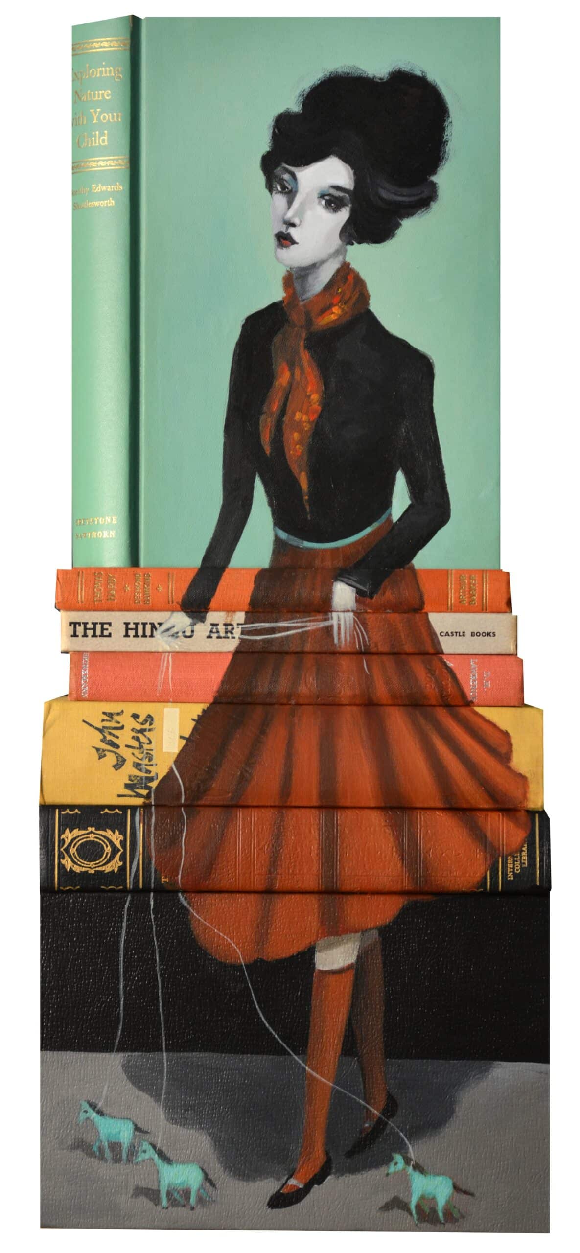 Mike Stilkey puntura y escultura con libros viejos mujer en portada y perros diminutos explore nature