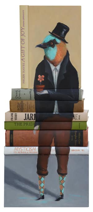 Mike Stilkey puntura y escultura con libros viejos pajaro