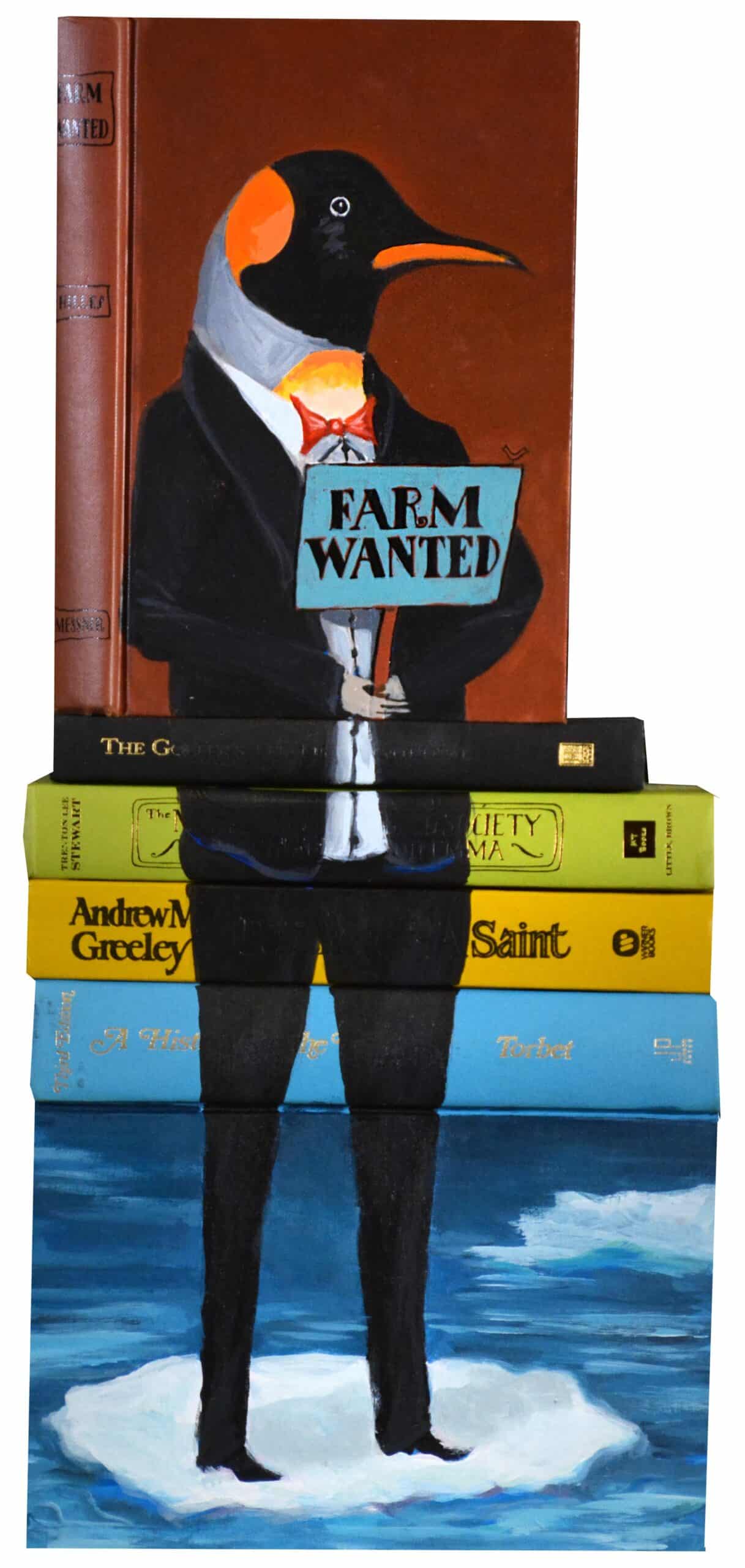 Mike Stilkey puntura y escultura con libros viejos pinguinno farm wanted