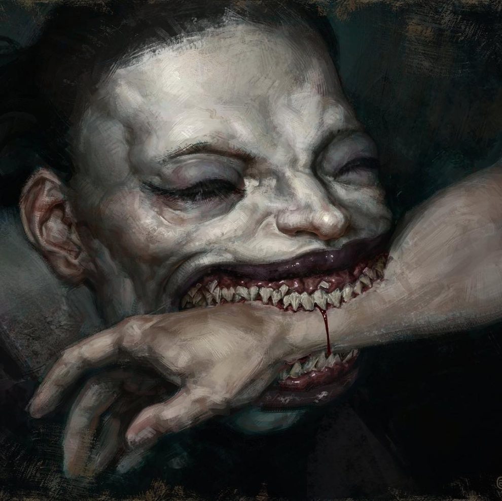 dan peacock criaturas aterradoras, dientes afilados muerden un brazo