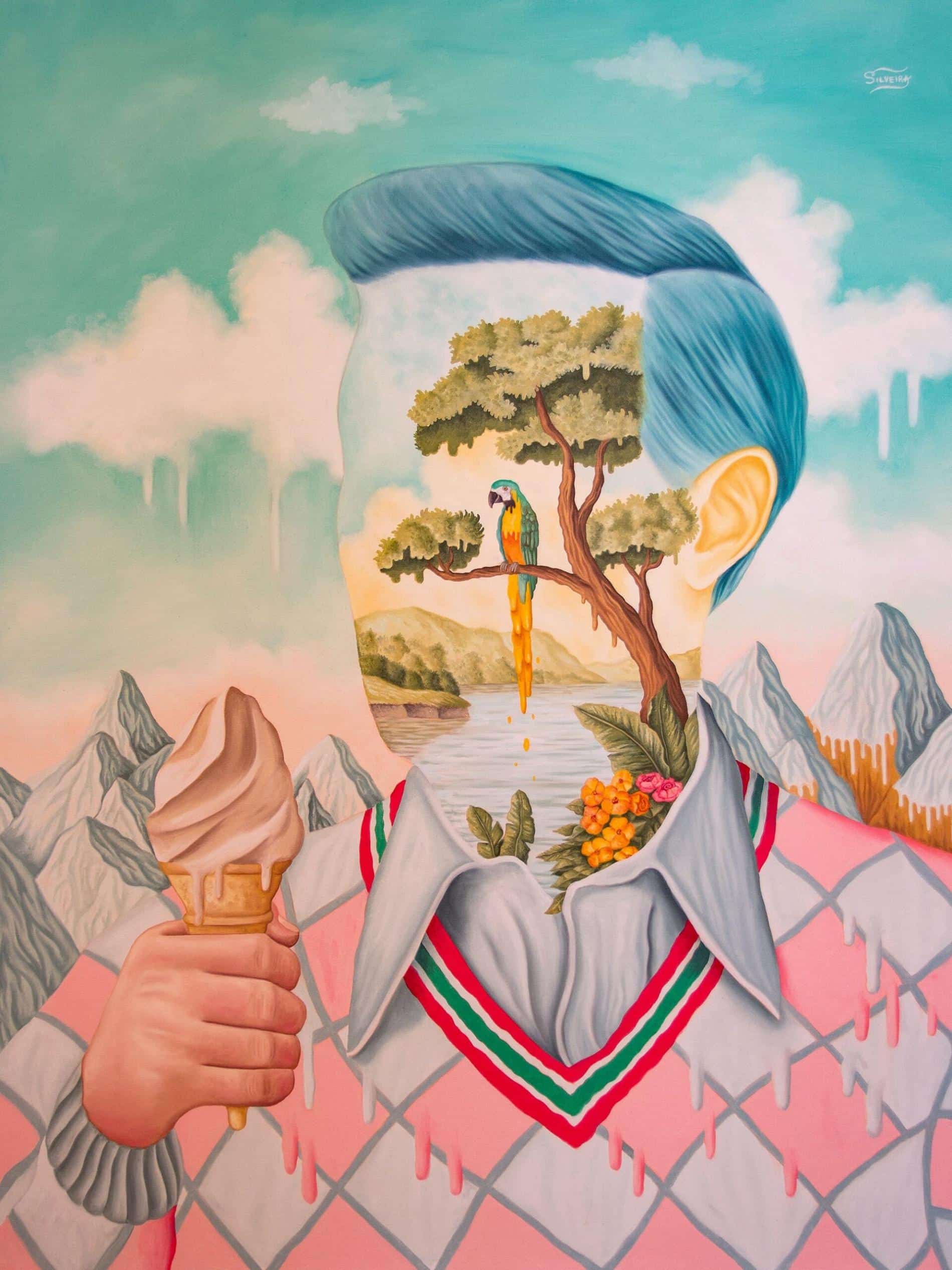 desretratos de daniel silveira, hombre con arboles en su cara y helado derretido en su mano